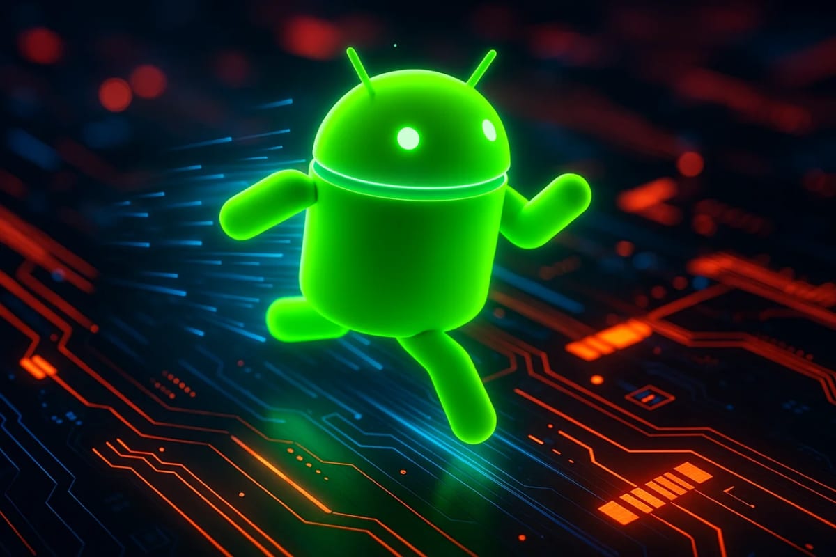 Ilustración 3D de un robot Android verde corriendo sobre un circuito digital futurista con luces neón