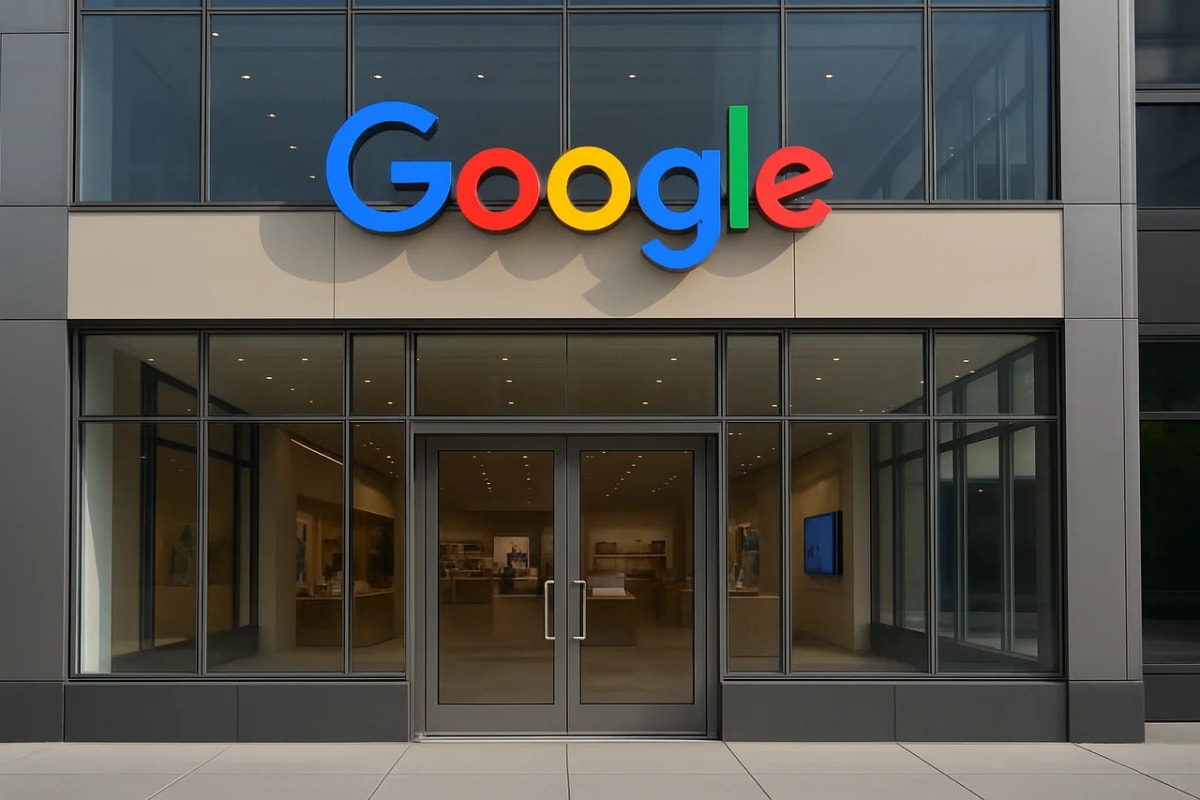 Oficina de Google con fachada moderna, ventanales de vidrio y el logotipo multicolor en la parte superior