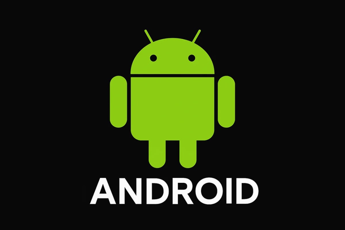 Logo de Android con el clásico robot verde de pie sobre fondo negro y texto Android debajo