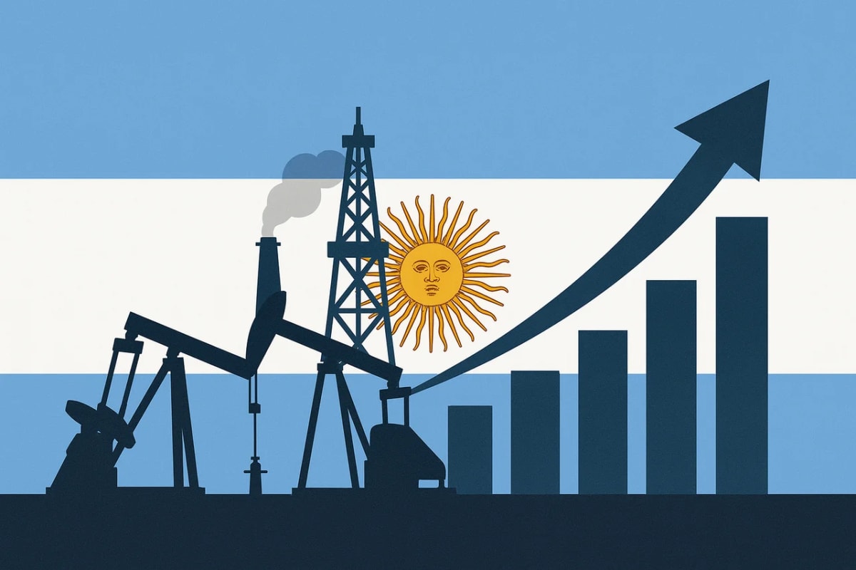 Bandera de Argentina de fondo con siluetas negras de torres y bombas petroleras y una gráfica en ascenso que simboliza récord de producción de petróleo en Vaca Muerta