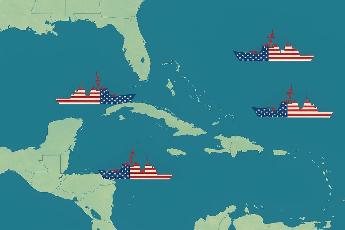Mapa del mar Caribe con cuatro barcos de guerra cubiertos con la bandera de Estados Unidos navegando en sus aguas