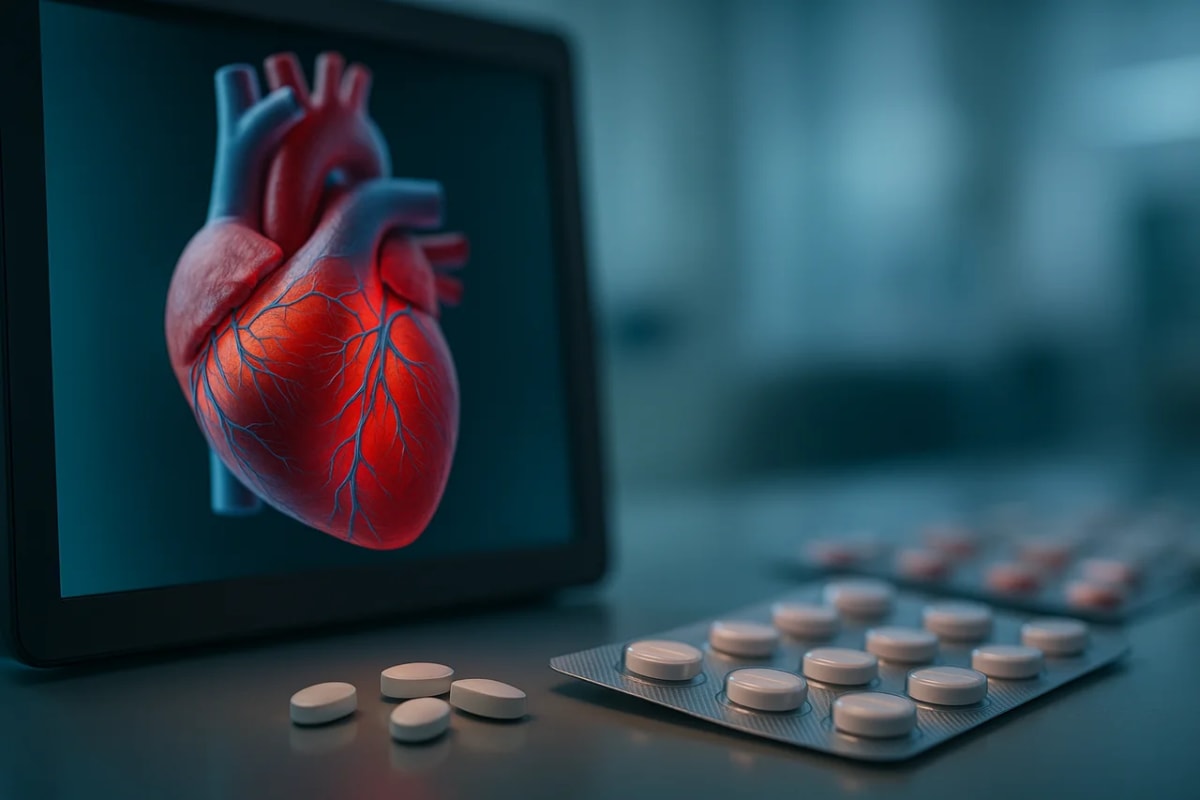 Imagen tridimensional de un corazón humano en una pantalla junto a pastillas blancas sobre una mesa en un entorno médico
