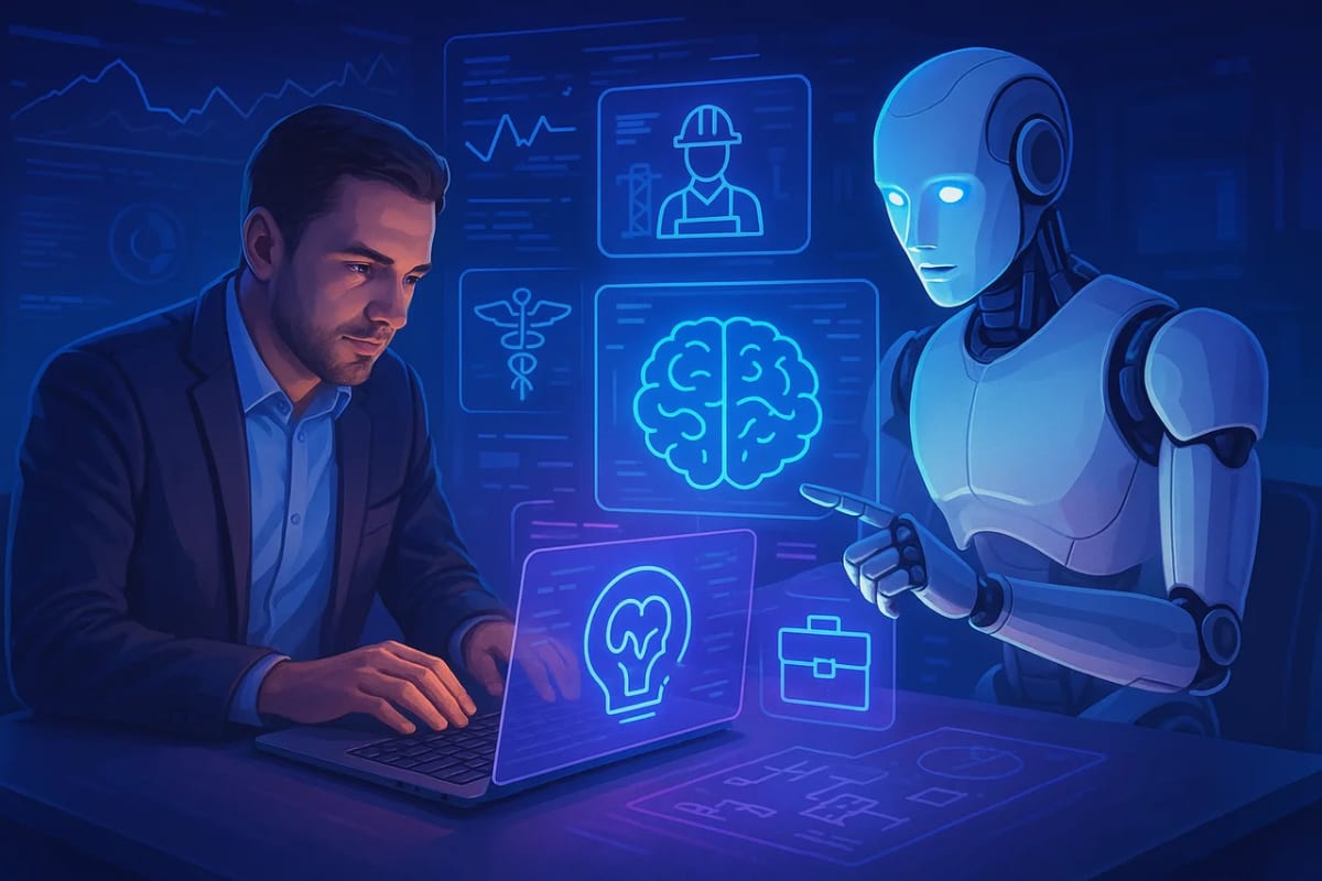 Ilustración futurista de un humano y una inteligencia artificial trabajando juntos en un escritorio con pantallas holográficas que representan diferentes sectores como salud, energía y construcción en 2025