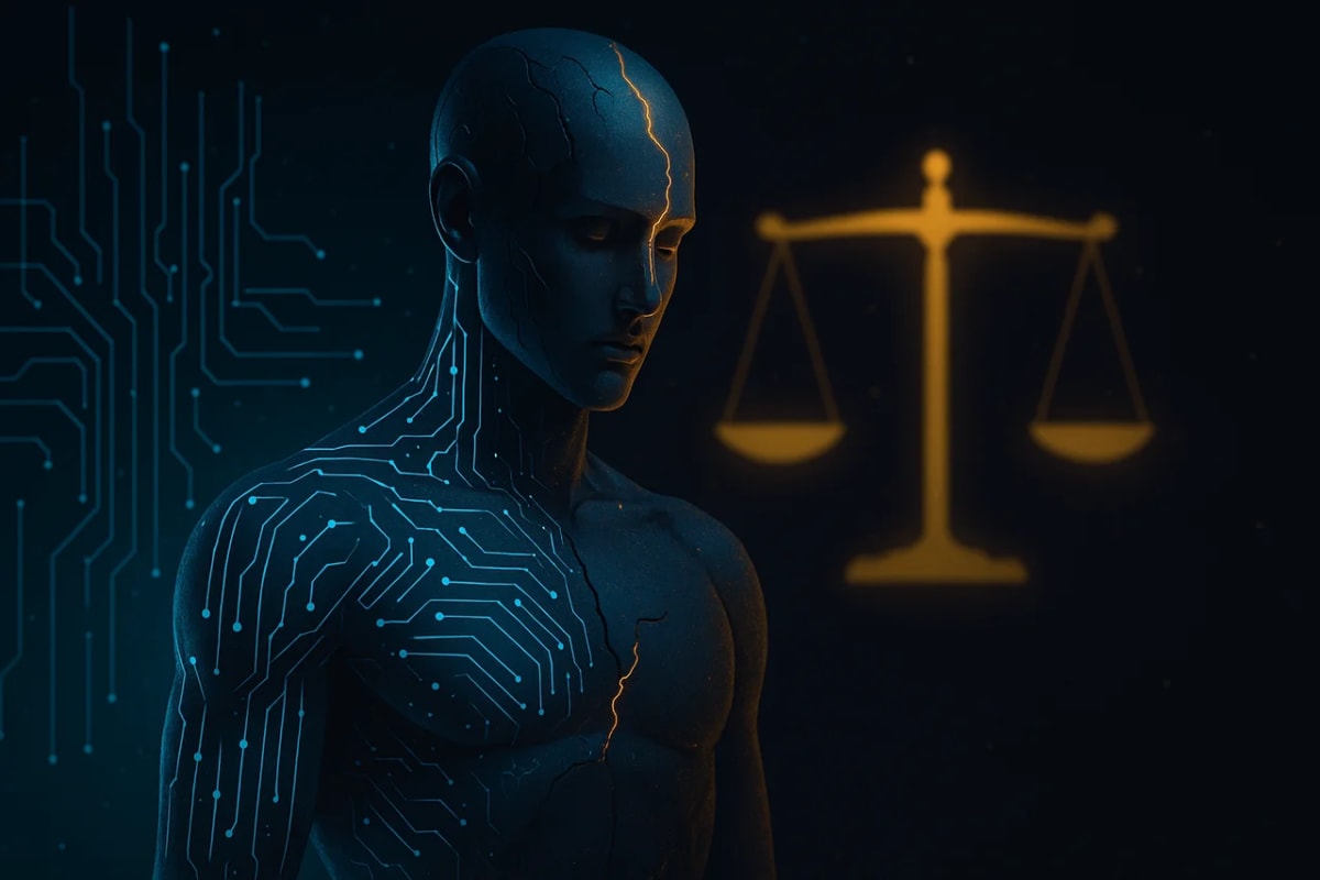 Humanoide futurista con circuitos luminosos y grietas en su cuerpo, junto a una balanza que simboliza los dilemas éticos de la inteligencia artificial
