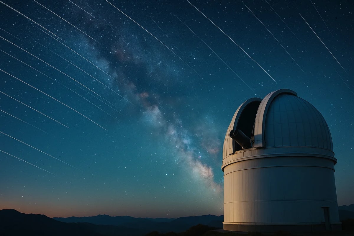 Observatorio astronómico bajo un cielo estrellado con la Vía Láctea, atravesado por múltiples trazas de satélites que dificultan la observación del cosmos