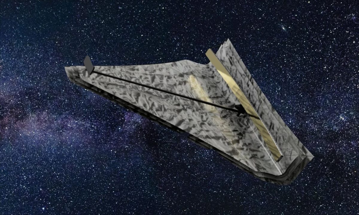 Ilustración conceptual de un telescopio espacial rectangular inspirado en diseños avanzados de observatorios infrarrojos para estudiar exoplanetas