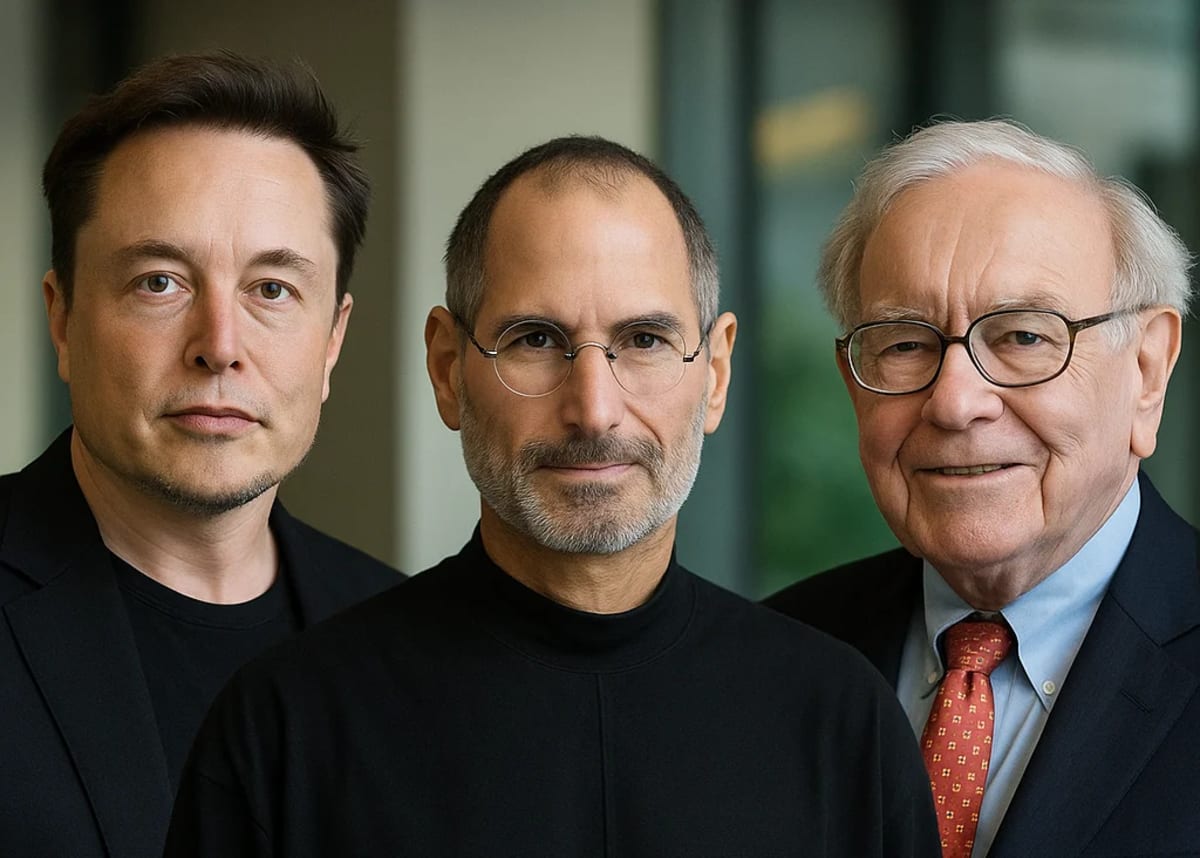 Retrato de Elon Musk, Steve Jobs y Warren Buffett juntos en primer plano