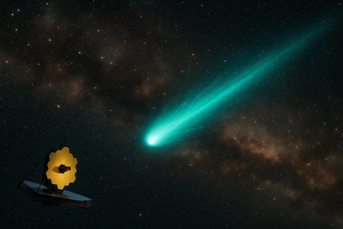 El telescopio James Webb observa al cometa interestelar 3I/ATLAS con su característica cola verdosa en el espacio profundo