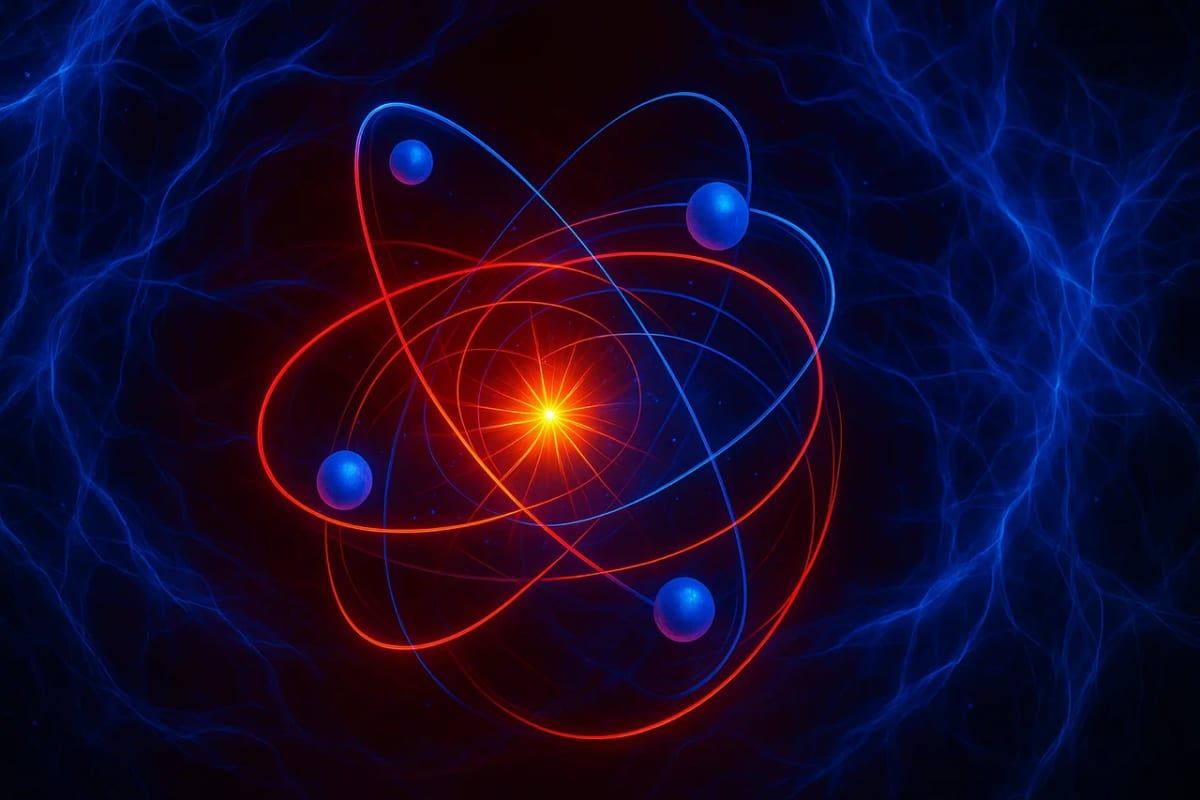 Ilustración digital de un modelo atómico con órbitas brillantes estilo futurista
