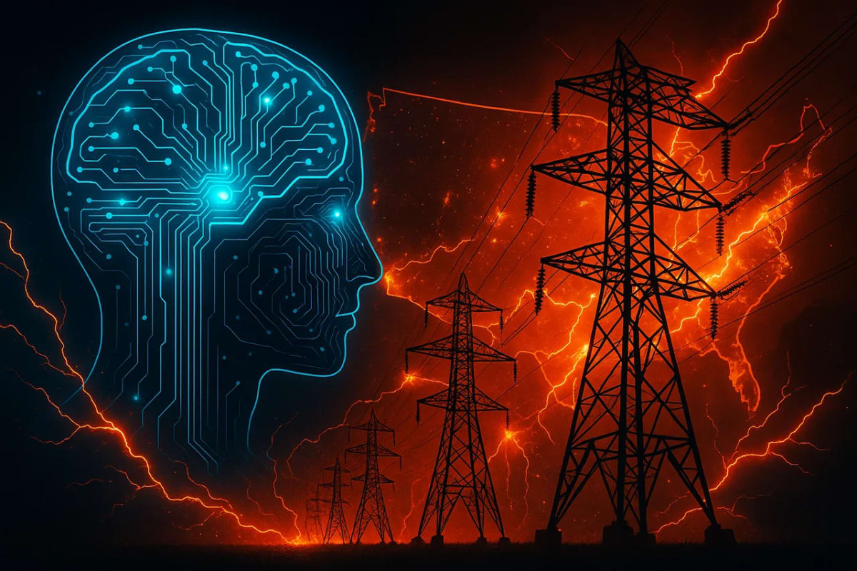 Ilustración que simboliza la inteligencia artificial drenando la red eléctrica de Estados Unidos