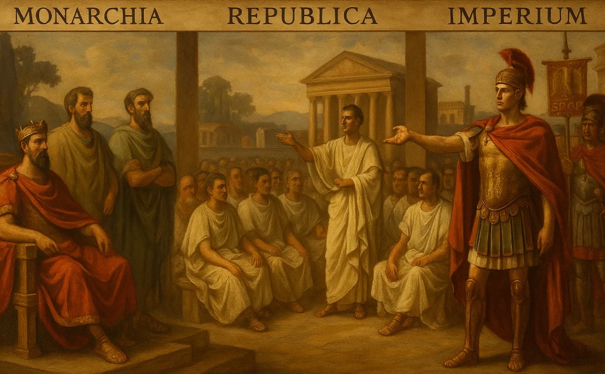 Pintura clásica que representa la monarquía, la república y el imperio en la antigua Roma