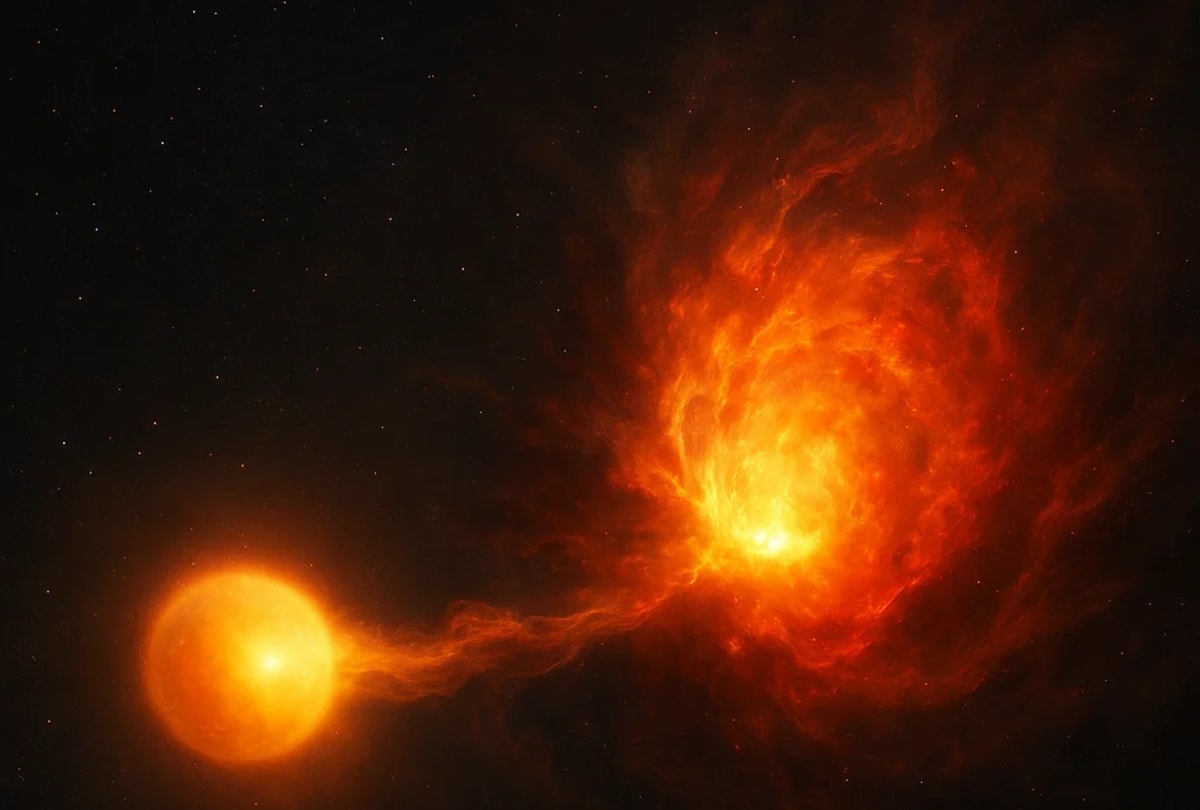 Ilustración del remanente de una estrella expulsado al espacio tras la explosión de supernova causada por dos enanas blancas