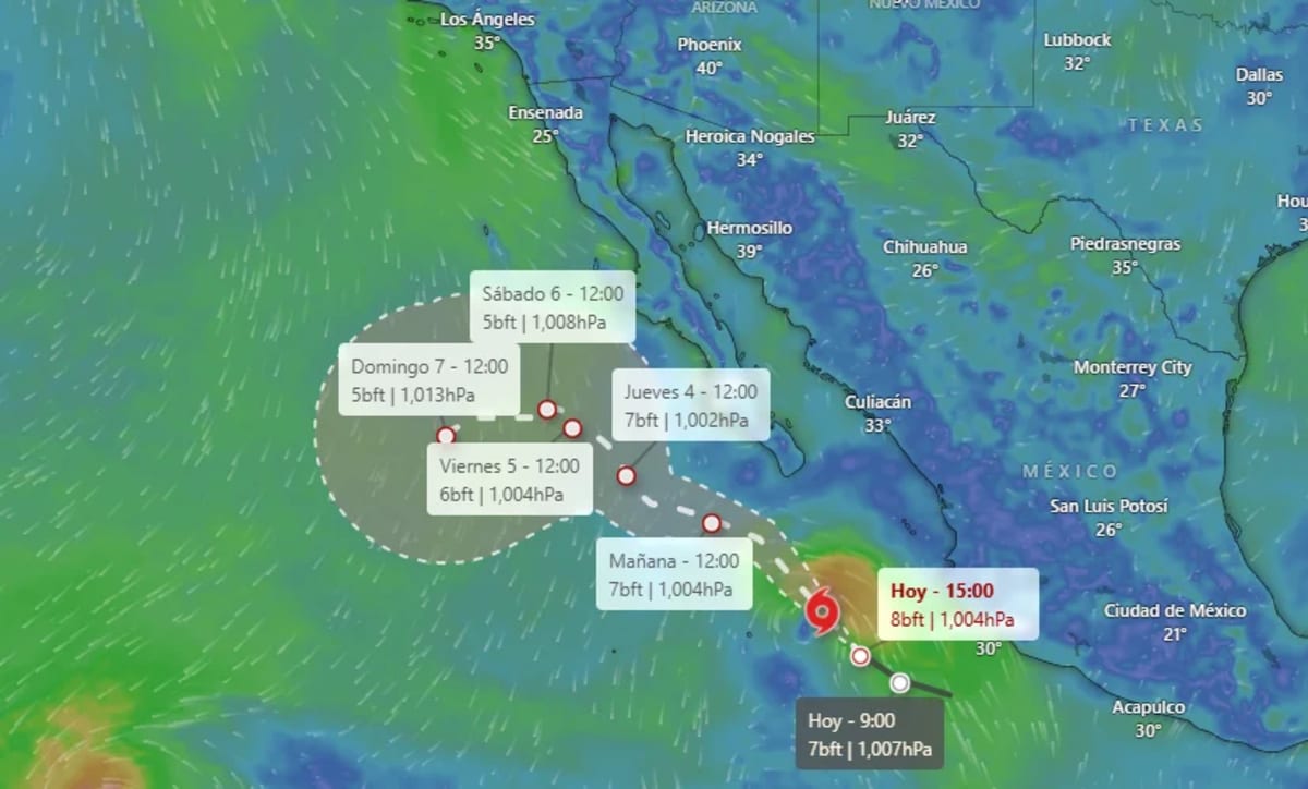 Mapa satelital que muestra la trayectoria pronosticada de la Tormenta Tropical Lorena en el Pacífico