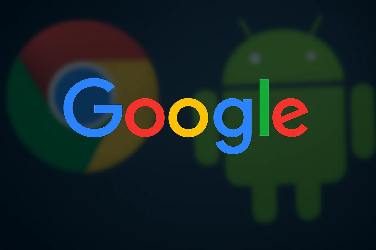 Primer plano de la palabra Google, con los logotipos de Chrome y Android opacados en el fondo