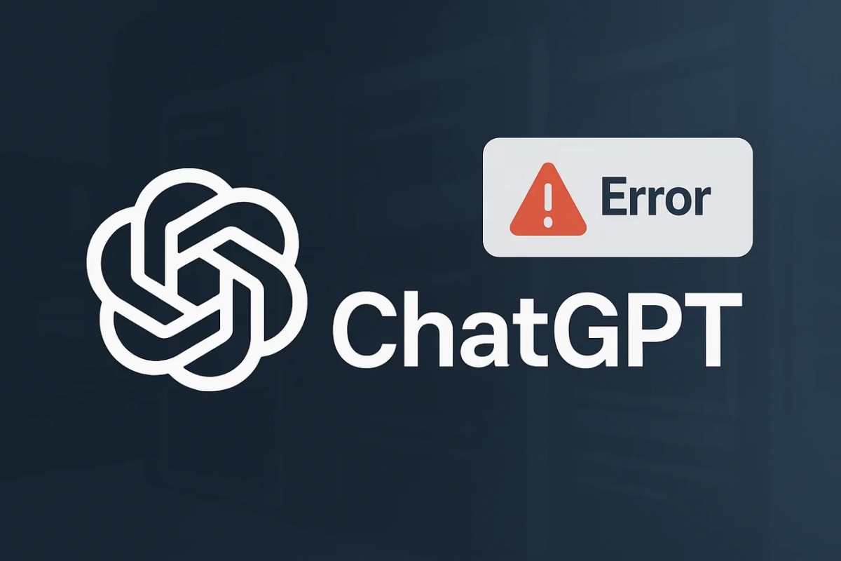 Logo de ChatGPT acompañado de un mensaje de error sobre un fondo tecnológico oscuro