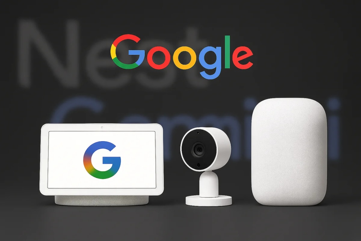 Logo de Google en colores originales sobre un fondo oscuro con las palabras difuminadas Nest y Gemini, acompañado de dispositivos inteligentes Nest Hub, Nest Cam y Nest Audio en primer plano