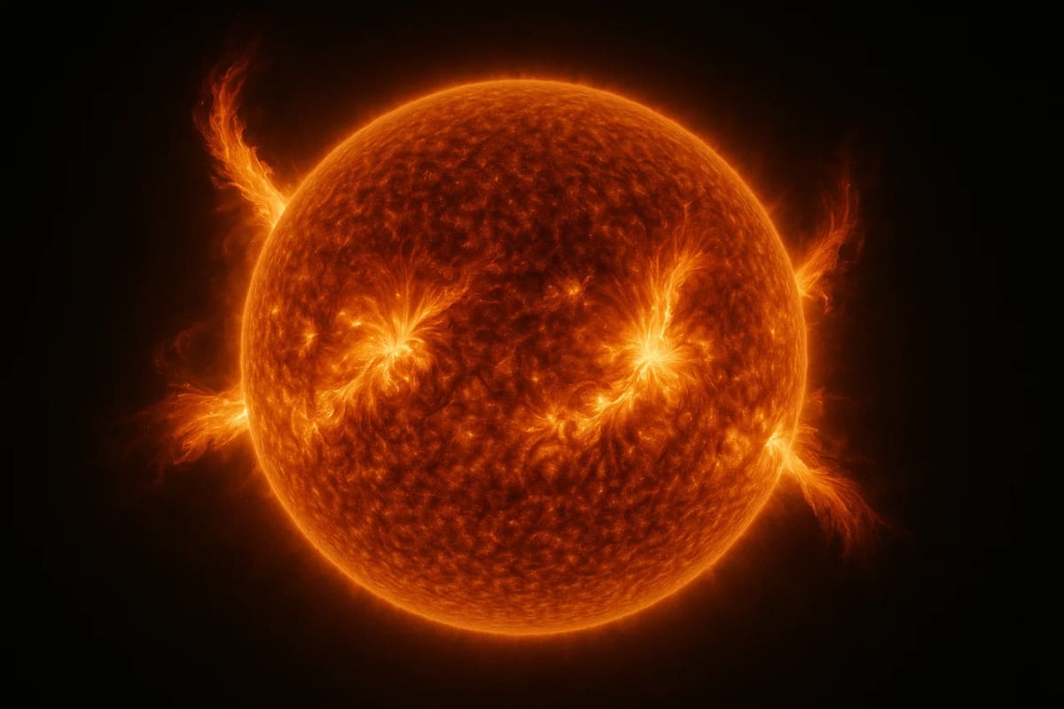 El Sol mostrando potentes erupciones solares y chorros de plasma incandescente en tonos rojos