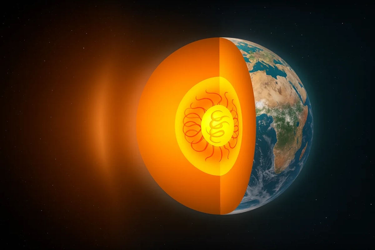 Corte transversal de la Tierra con manto, núcleo externo líquido y núcleo interno sólido