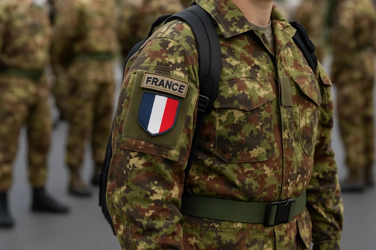 Soldado francés con uniforme de camuflaje verde y parche tricolor con la palabra FRANCE en el brazo