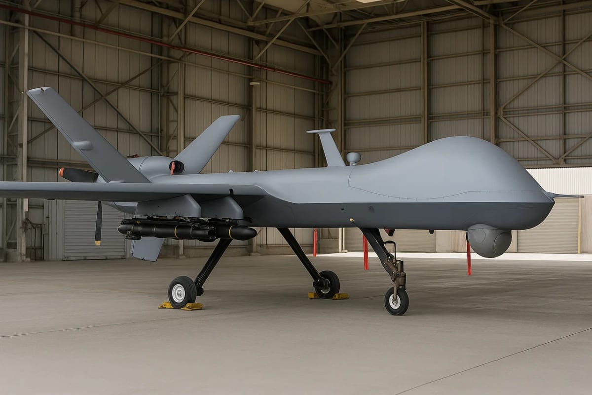 Dron militar de ataque pesado estacionado dentro de un hangar, con diseño similar al MQ-9 Reaper