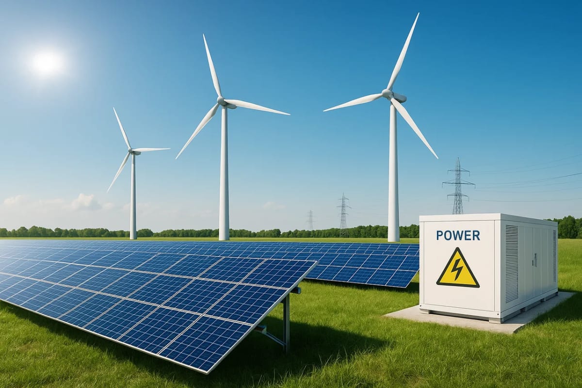 Paisaje con paneles solares y turbinas eólicas en funcionamiento, representando un futuro 100 % renovable antes de 205