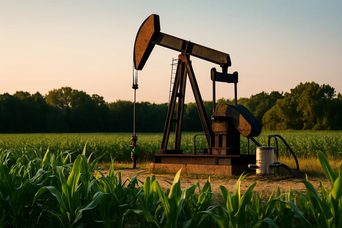 Pozo petrolero abandonado en un campo agrícola con vegetación verde en primer plano