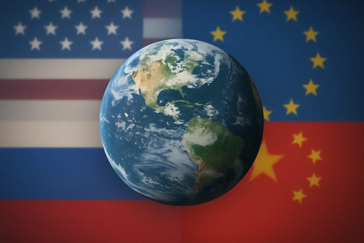 El planeta Tierra visto desde el espacio con banderas de Estados Unidos, Unión Europea, Rusia y China de fondo, representando tensiones geopolíticas globales