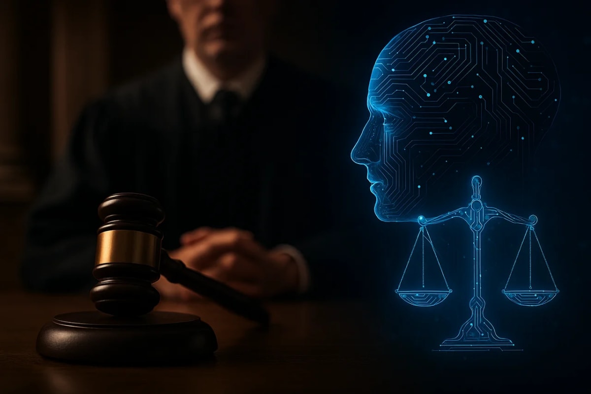 Un juez con mazo en un tribunal frente a un rostro digital y una balanza que simbolizan los algoritmos judiciales y la justicia