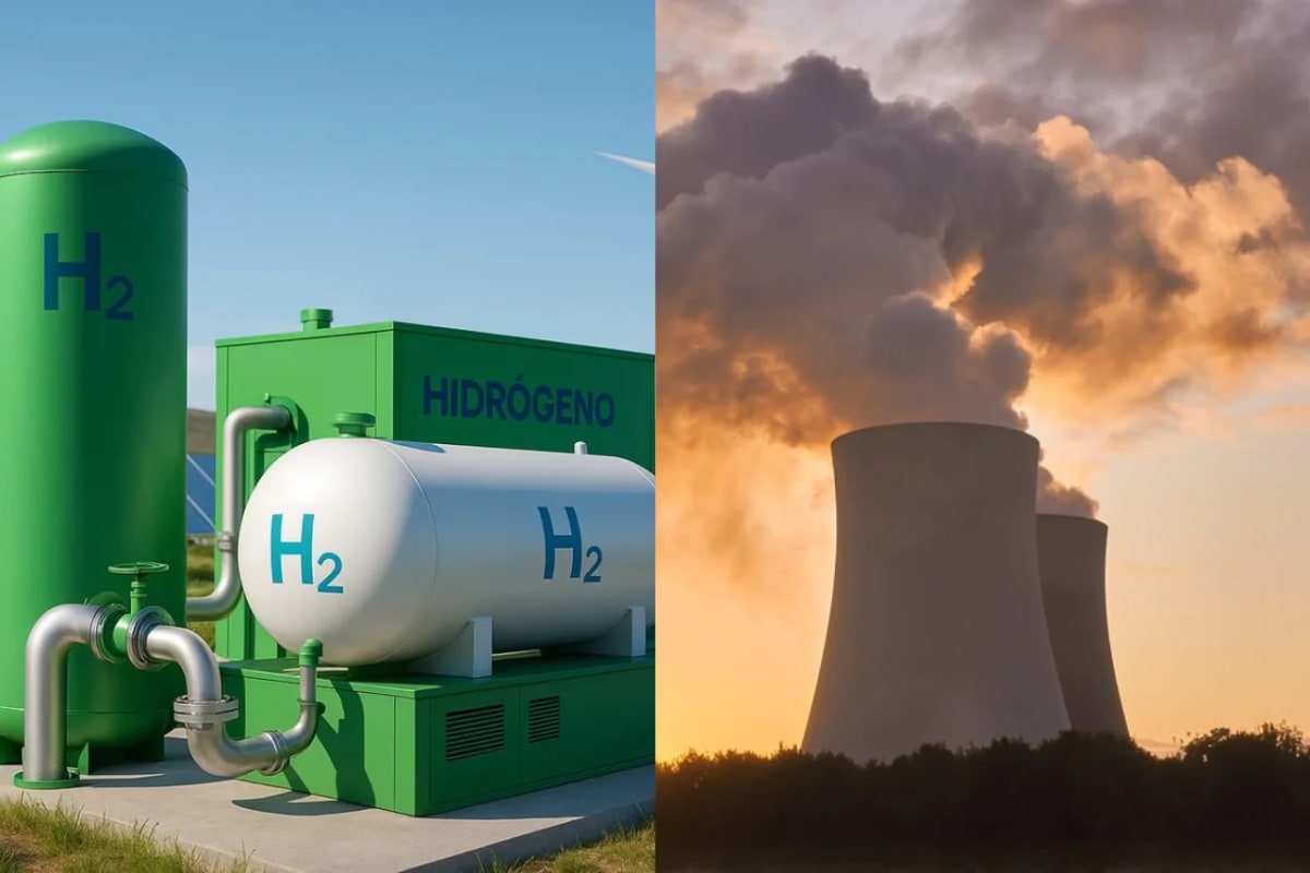 Hidrógeno verde, representado con tanques y equipos industriales, y energía nuclear, ilustrada por torres de refrigeración que emiten vapor
