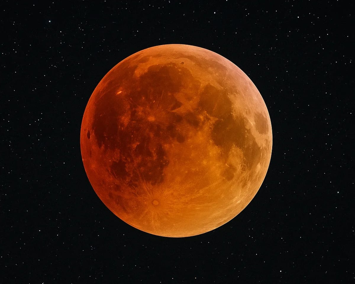 Eclipse lunar total con la Luna completamente enrojecida sobre un cielo oscuro estrellado