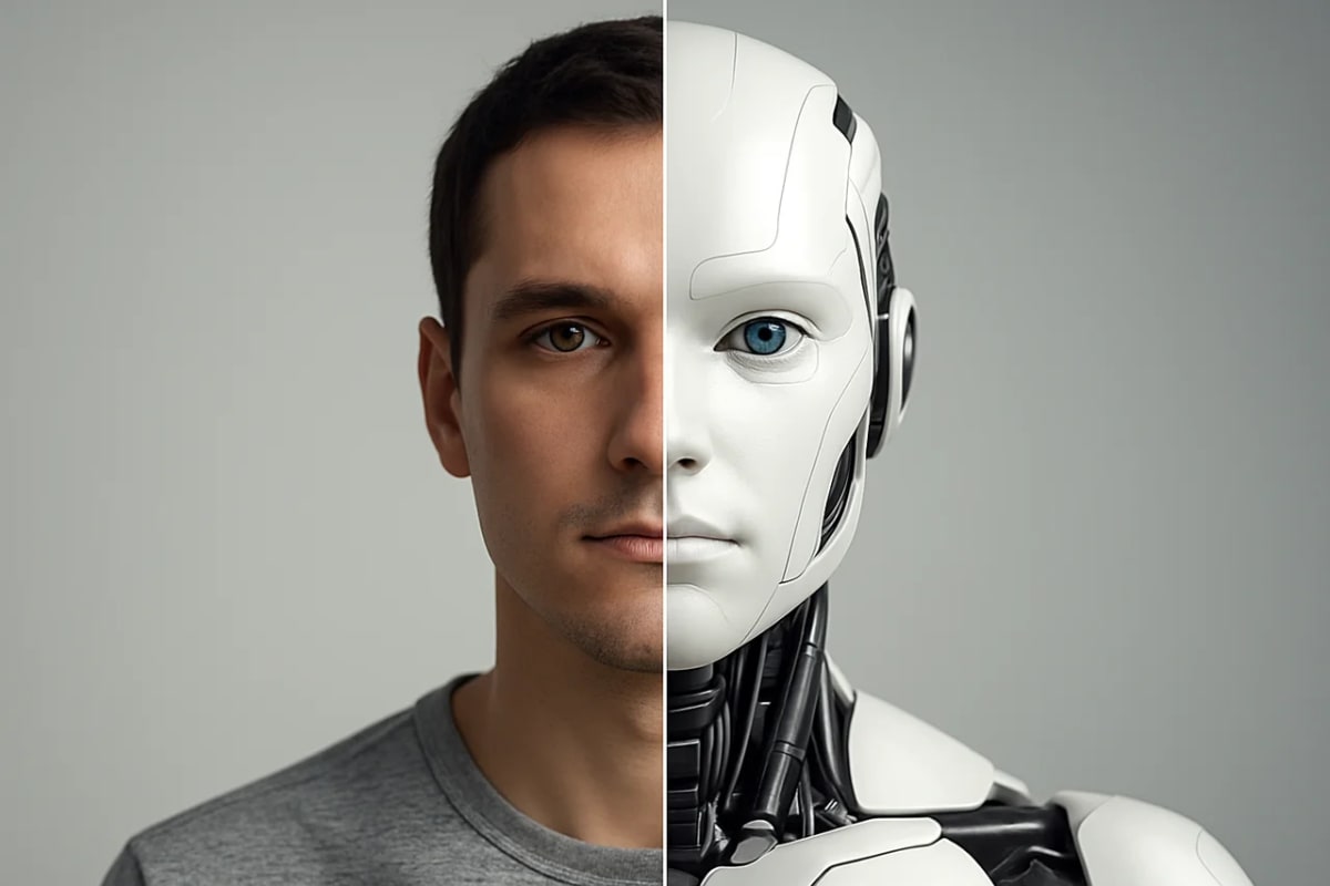 Mitad humana y mitad robot en un mismo rostro, representando la conexión entre personas e inteligencia artificial