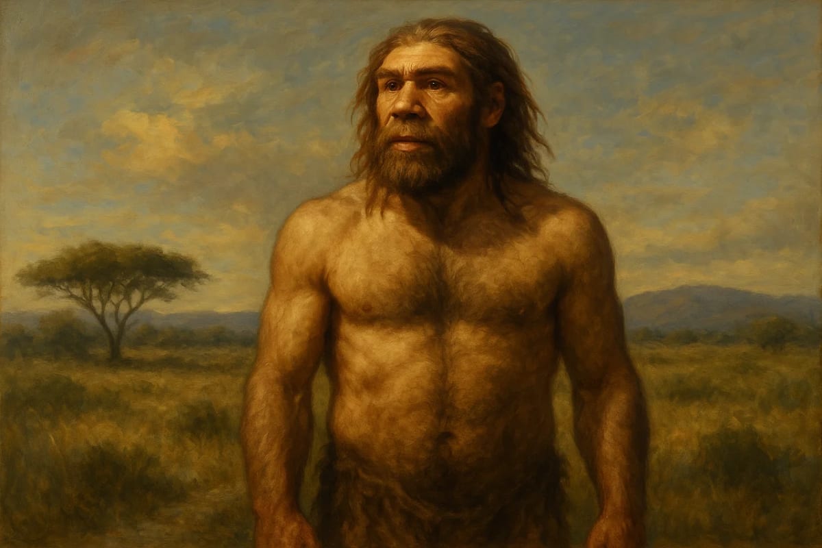 Homo sapiens prehistórico en la sabana africana, estilo pintura al óleo