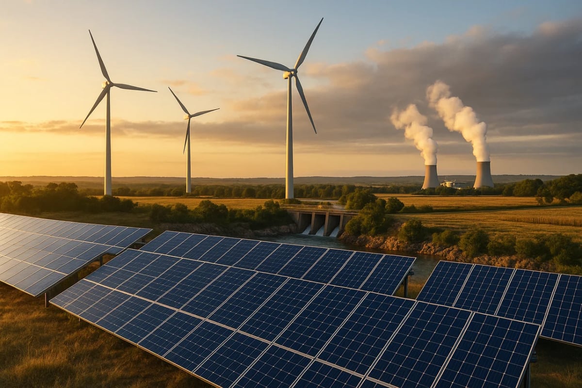 Paisaje al atardecer con paneles solares en primer plano, aerogeneradores en funcionamiento y una central nuclear al fondo, representando diversas fuentes de energía