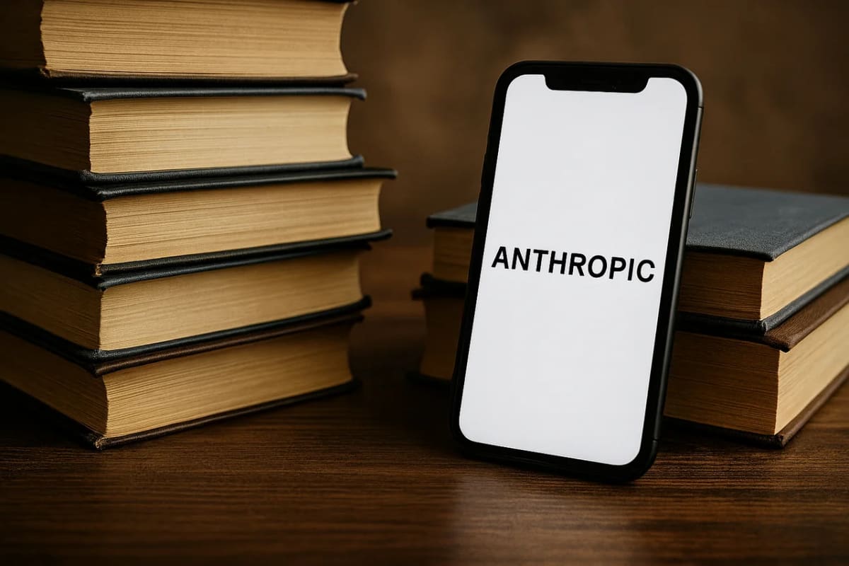 Teléfono inteligente inclinado sobre una mesa de madera con la palabra Anthropic en la pantalla, rodeado de pilas de libros antiguos de tapa dura