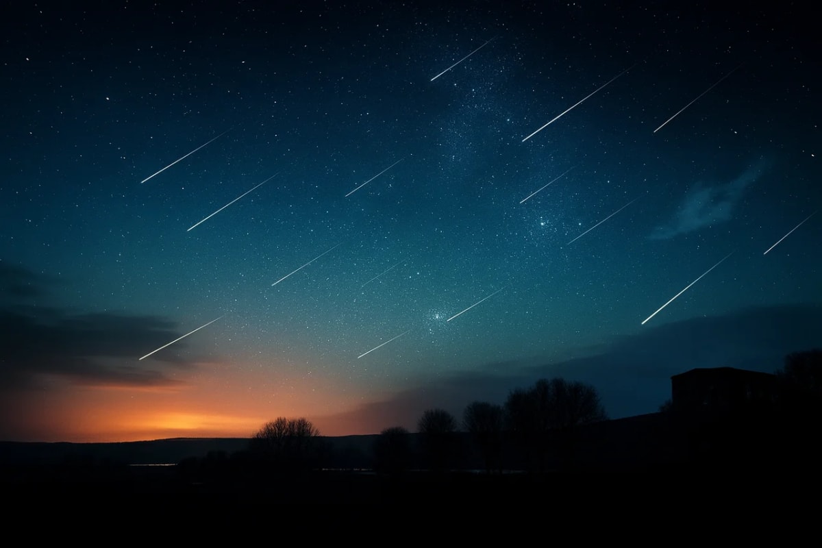 Lluvia de meteoros iluminando el cielo nocturno sobre un horizonte anaranjado con siluetas de árboles y montañas