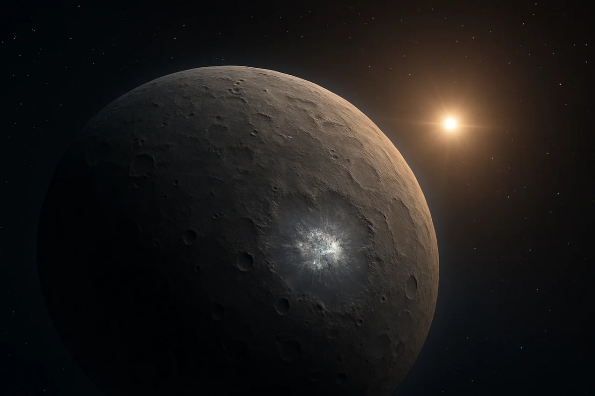 Superficie craterizada del planeta enano Ceres con las manchas brillantes del cráter Occator iluminadas por el Sol al fondo en el espacio