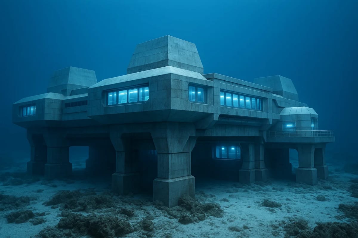 Base submarina moderna de hormigón con grandes ventanales iluminados, situada en el lecho marino a gran profundidad