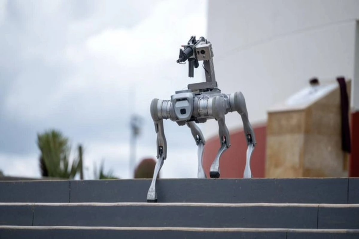 Perro robot Unitree B2 durante su demostración en Zacatecas, equipado con fusil y sensores, descendiendo escaleras en la inauguración del C5i