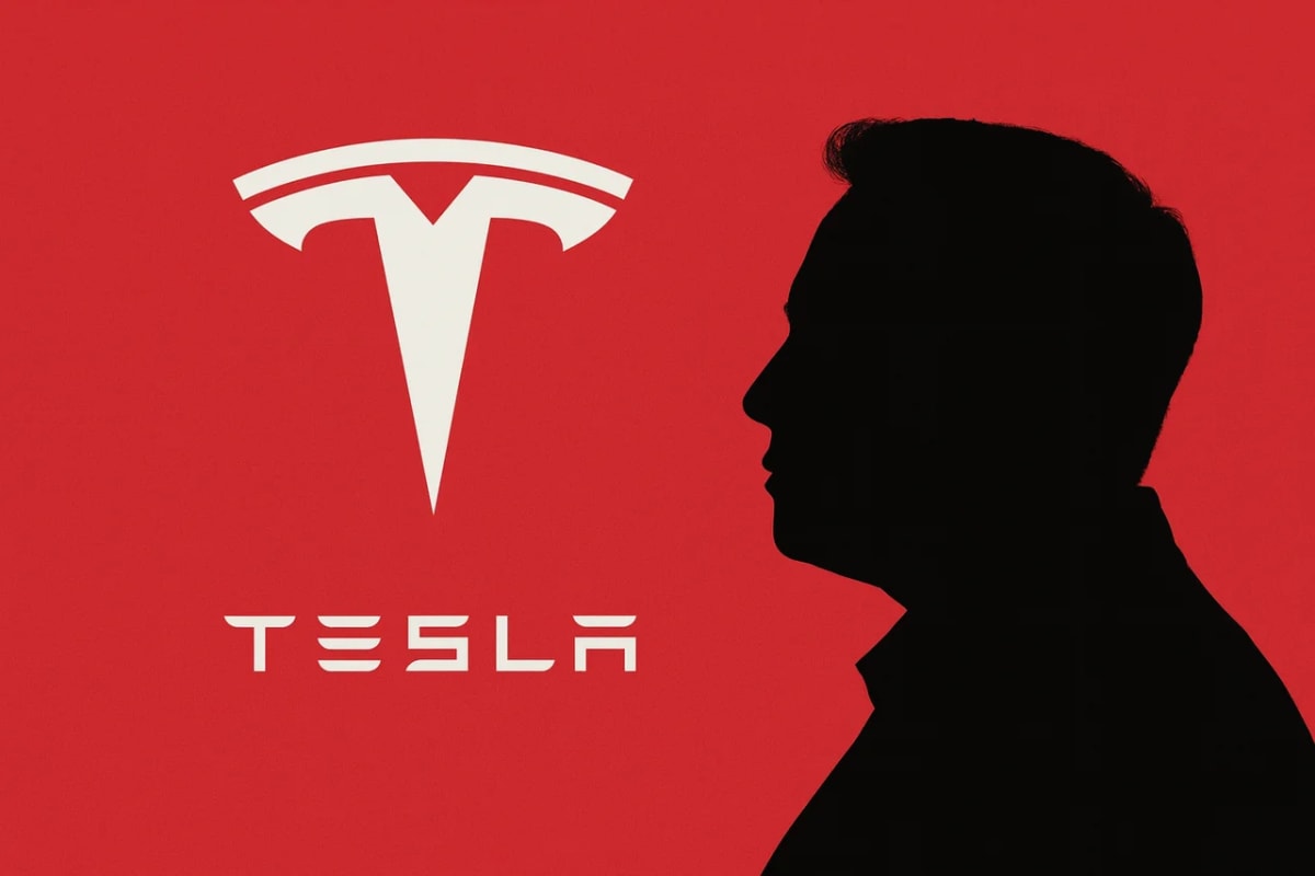 Silueta negra de Elon Musk en primer plano sobre fondo rojo con el logotipo y el nombre de Tesla en blanco al centro