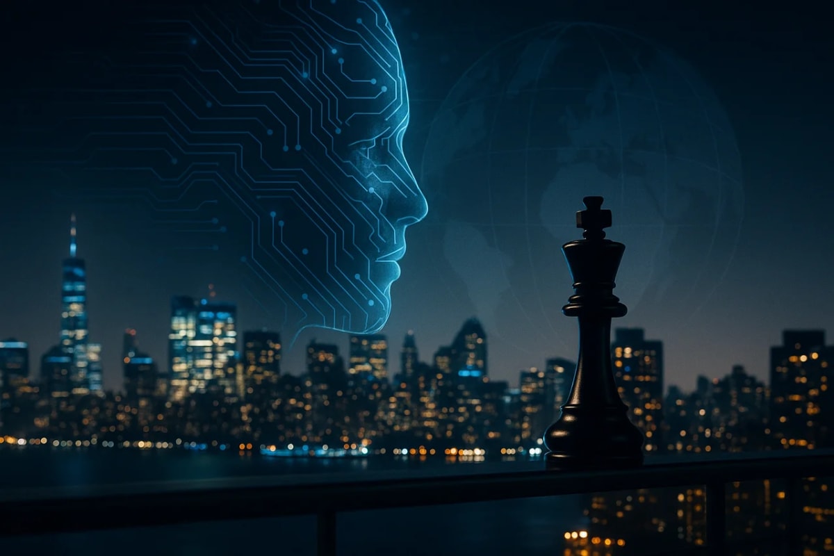 Ciudad nocturna iluminada con un rostro digital formado por circuitos azules sobre el cielo y un rey de ajedrez en primer plano