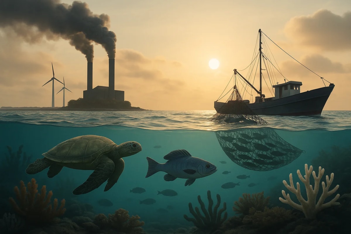 Atardecer en el mar con fábrica humeante y aerogeneradores en el horizonte, un barco arrastrero con red y, bajo la superficie, tortuga, peces y corales
