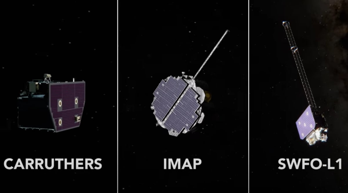 Ilustración de los satélites Carruthers, IMAP y SWFO-L1, tres misiones científicas clave para el estudio del clima espacial y la interacción del Sol con la Tierra
