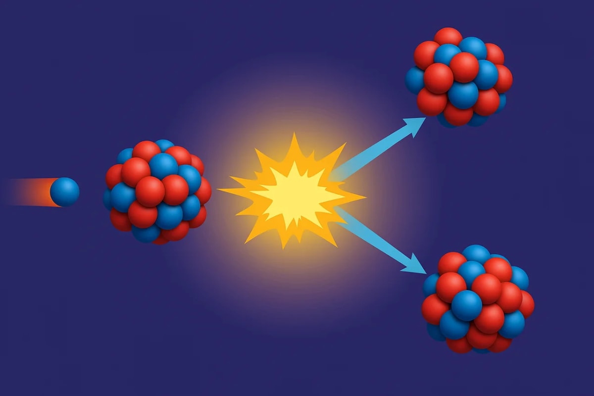 Ilustración de fisión nuclear con núcleos rojos y azules dividiéndose tras una explosión.