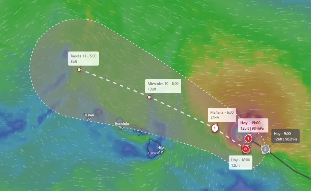 Mapa meteorológico que muestra la trayectoria prevista del huracán Kiko acercándose a Hawái con intensos vientos y zonas de riesgo