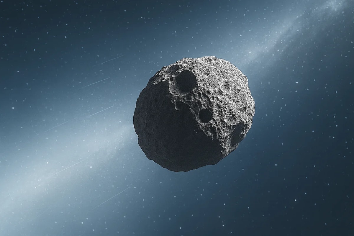 Asteroide rocoso con cráteres iluminado en el espacio, flotando frente a un fondo azul brillante estrellado con la Vía Láctea visible a lo lejos
