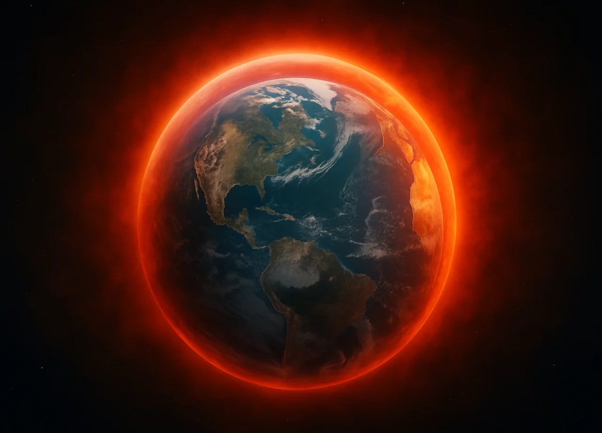 Planeta Tierra visto desde el espacio con un halo rojizo y anaranjado que simboliza la acumulación de CO₂ en la atmósfera, contraste de océanos azules y fondo oscuro del universo