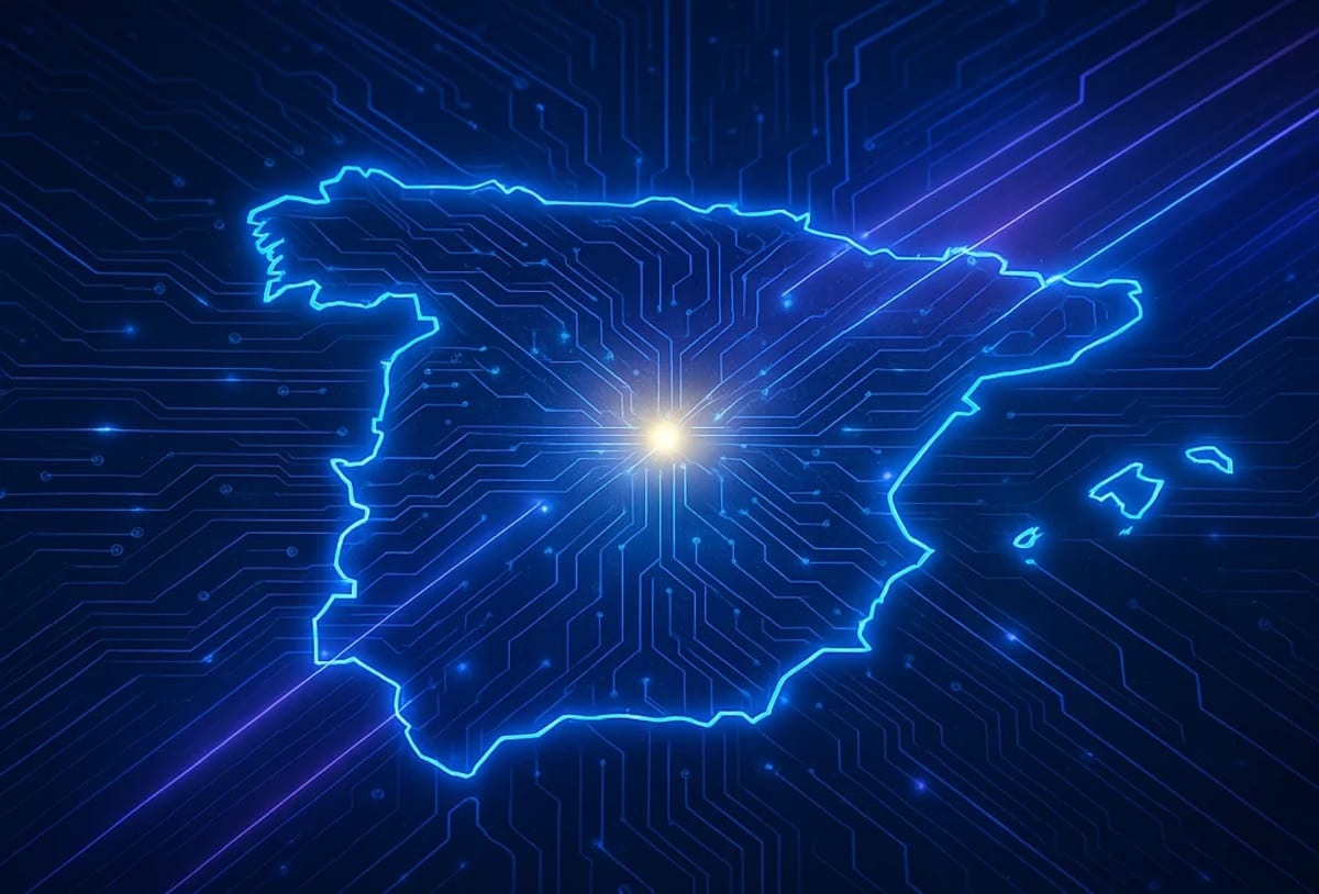 Ilustración futurista de la Península Ibérica iluminada en azul con un resplandor central, representada como un circuito tecnológico con haces de luz cuántica en fondo oscuro