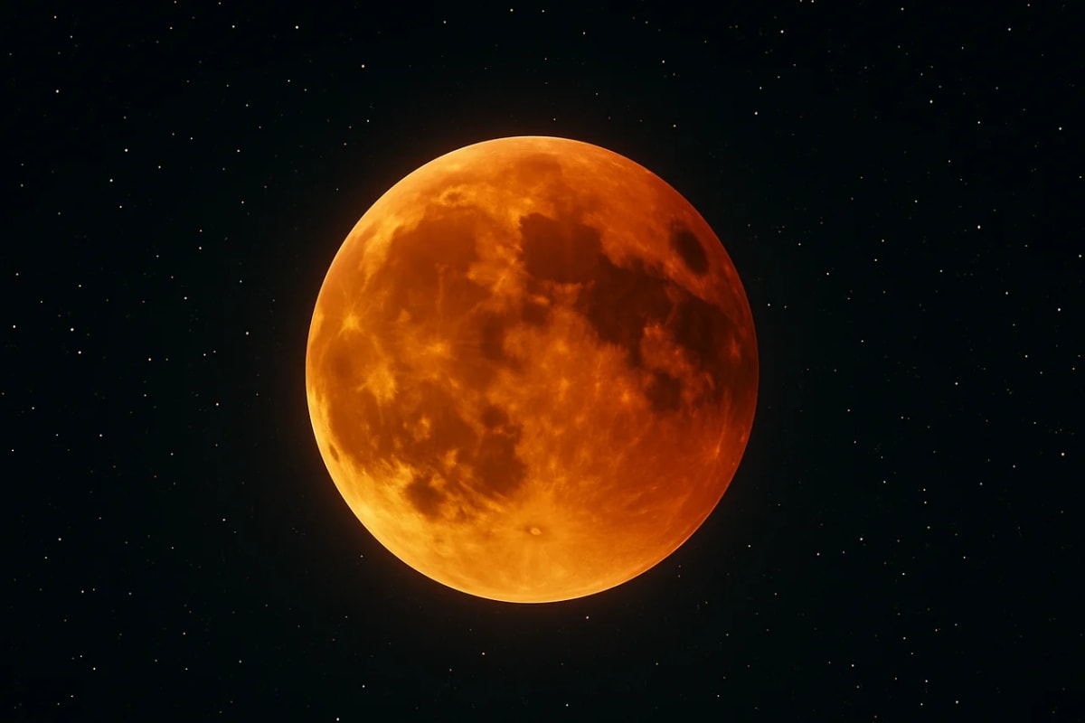 Eclipse lunar total visto desde la Tierra, con la Luna adquiriendo un tono rojizo en medio de un cielo nocturno estrellado.