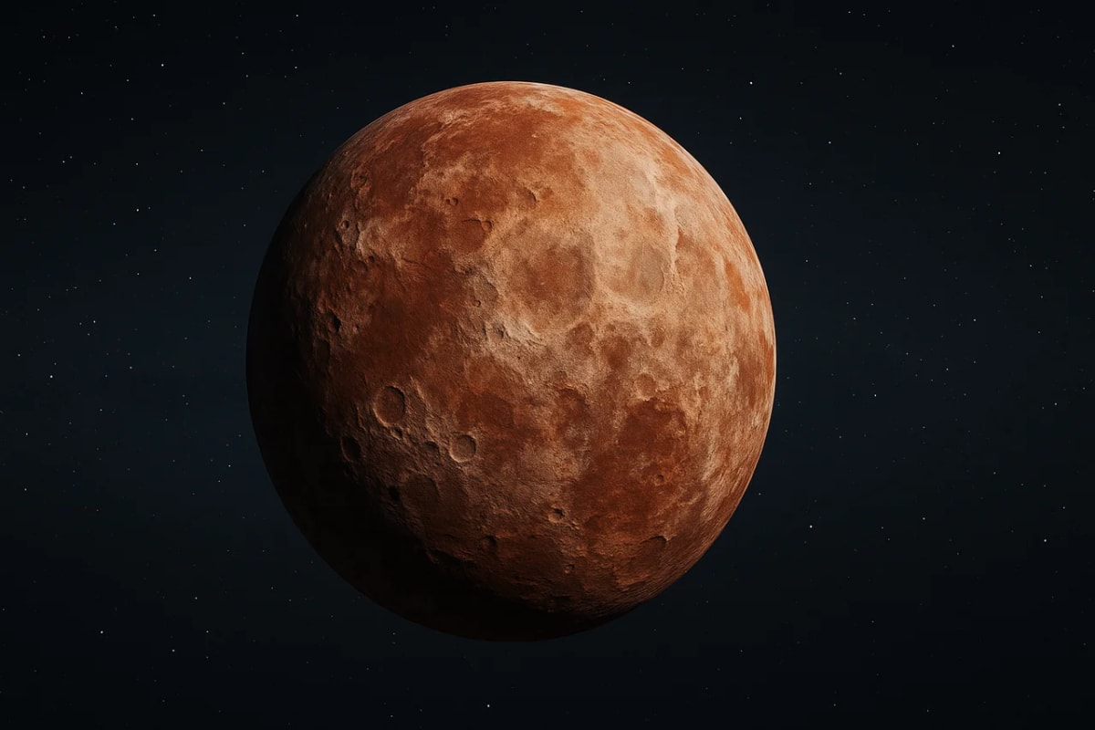 Representación artística del planeta enano Makemake con superficie rojiza y cráteres, flotando en el espacio profundo