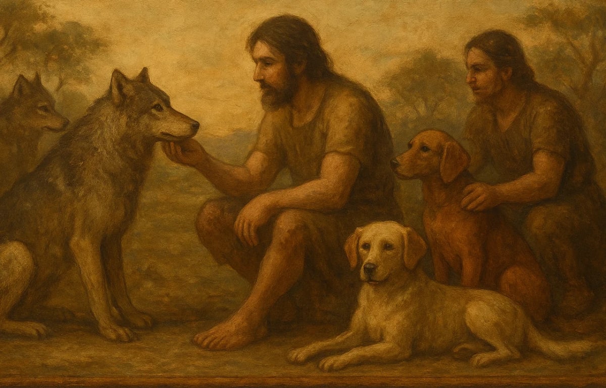Ilustración de ancestros humanos interactuando con lobos que acabarían convirtiéndose en perros domésticos